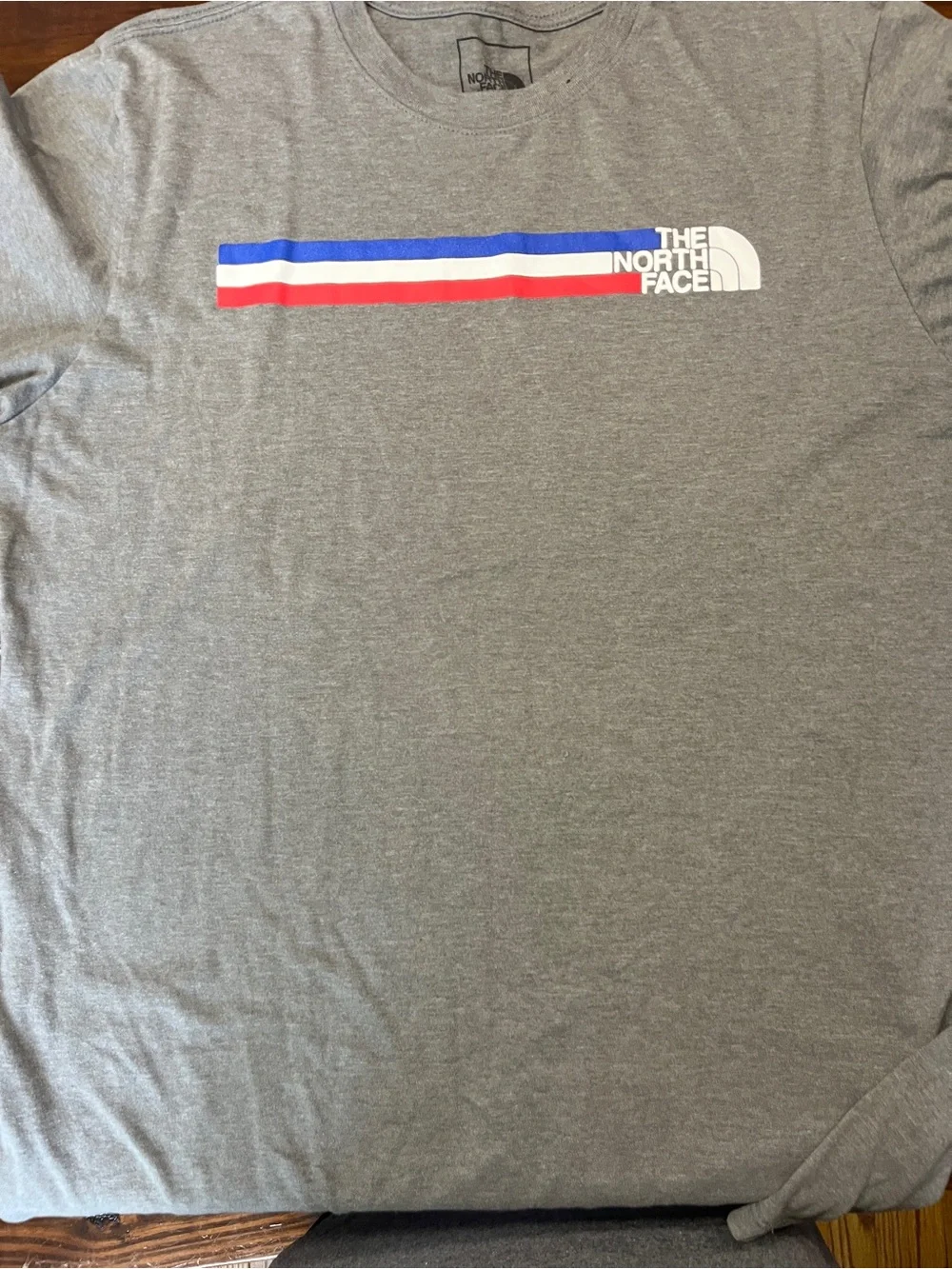 The North Face Gray Tee with Red, White & Blue Chest Stripes